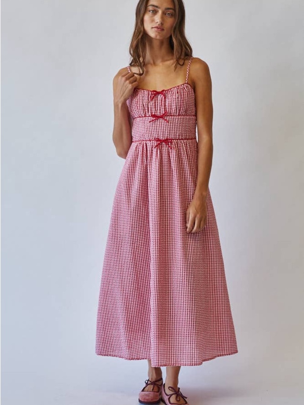 Red Gingham Midi Sundress with Spaghetti Straps - Picture 7 of 7